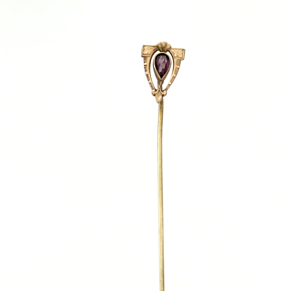 Antique 10K Yellow Gold Amethyst Ladies Stick Pin 2.5"